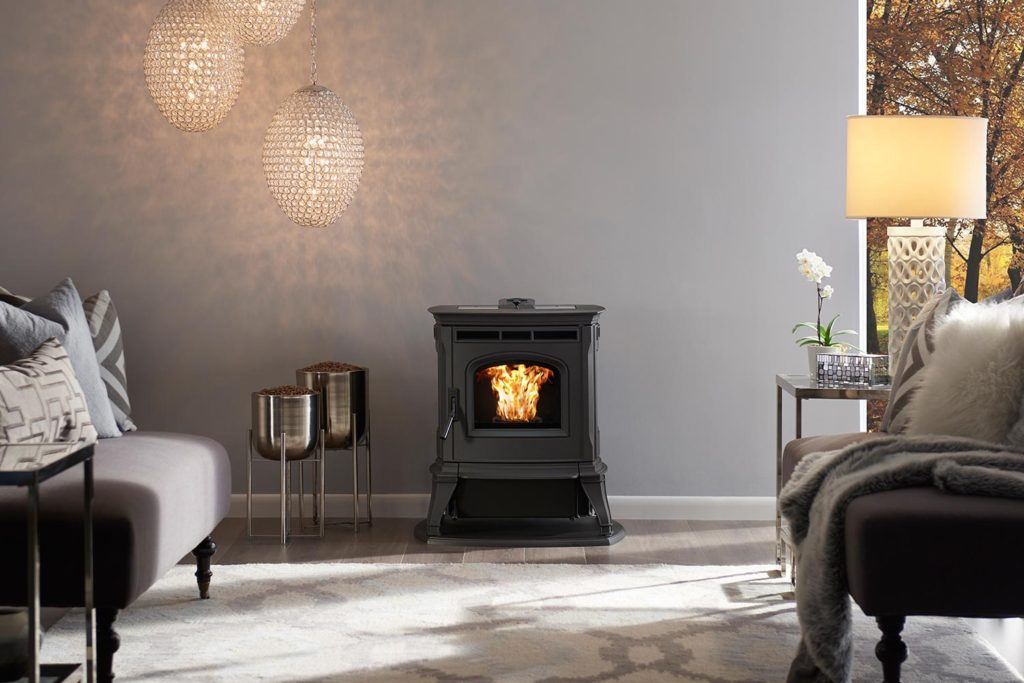 a compact wood pellet-burning stove in the living room of a modern home