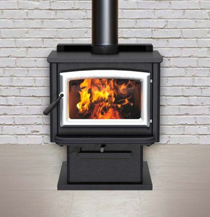a lit wood-burning stove in front of a white brick wall